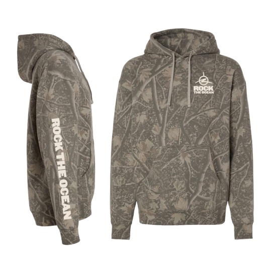Camouflage hoodie with 'Rock the Ocean' logo on a white background
