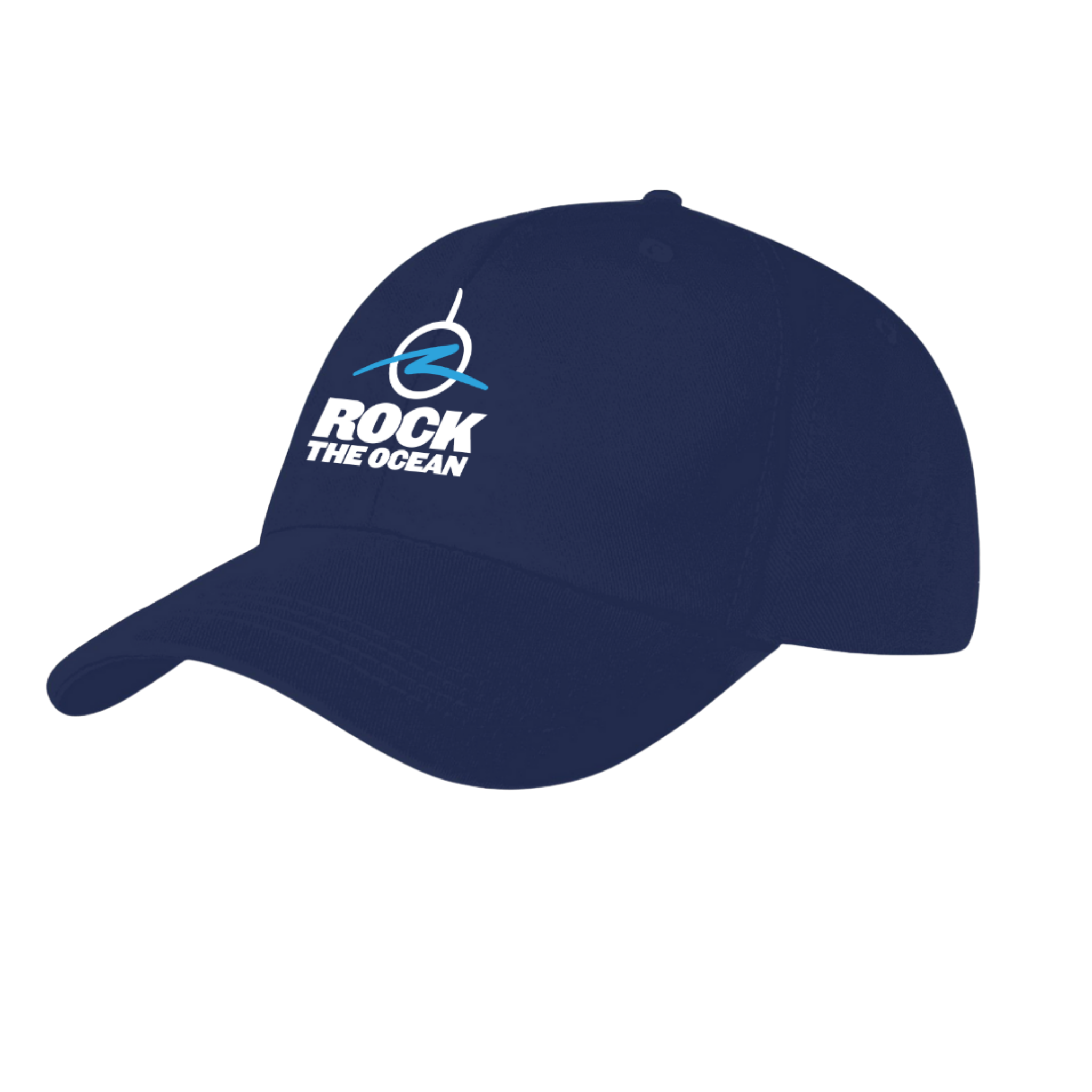 Navy blue cap with 'Rock the Ocean' logo on a sandy beach