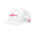 White cap with pink shark design on a sandy beach
