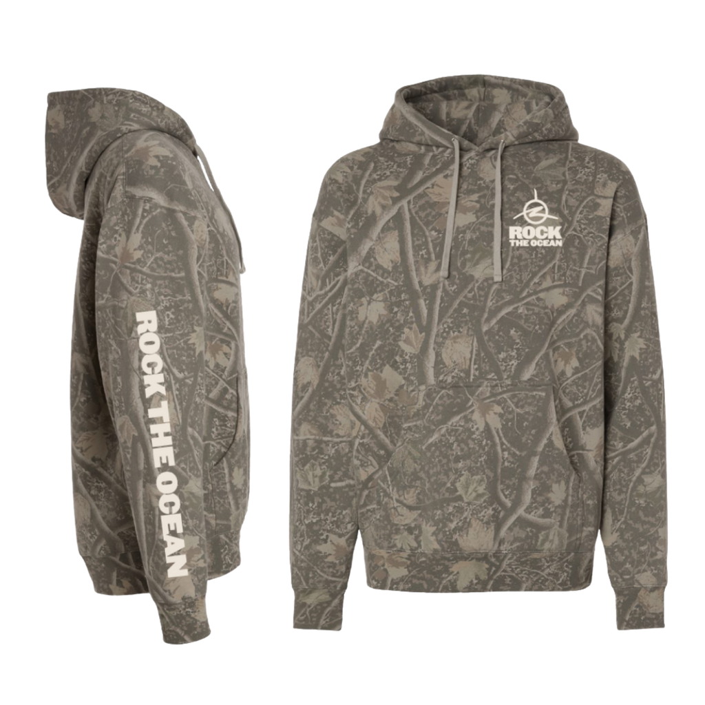 Camouflage hoodie with 'Rock the Ocean' logo on a white background