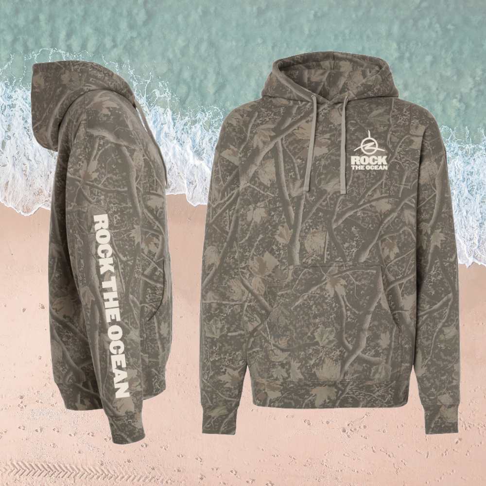 Camouflage hoodie with 'Rock the Ocean' logo on a white background