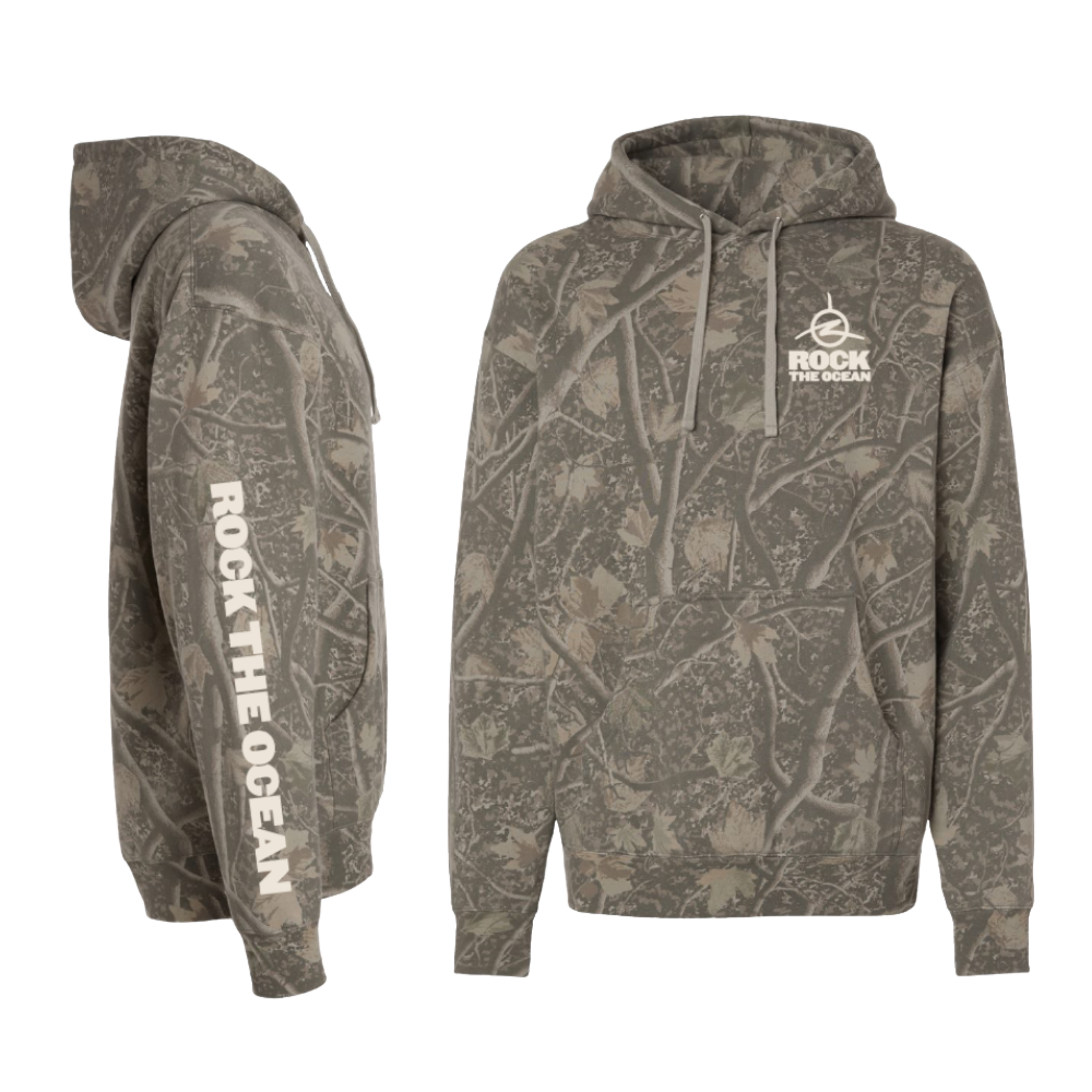 Camouflage hoodie with 'Rock the Ocean' logo on a white background