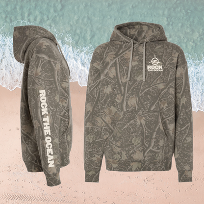 Camouflage hoodie with 'Rock the Ocean' logo on a white background